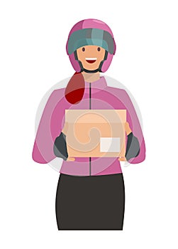 Female courier delivering a package. Simple flat illustration.