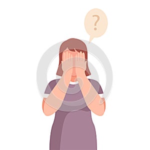 Female Covering Her Face with Her Hands Thinking and Considering of Something Vector Illustration