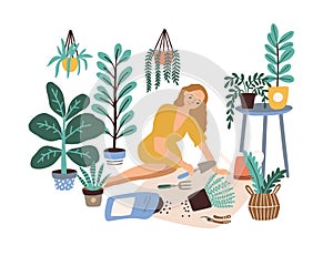 Female cultivating home garden vector flat illustration. Woman enjoy gardening taking care of houseplants growing in