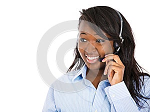 Female customer service representative with hands free device