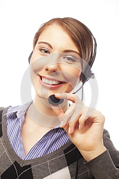 Female customer service representative smiling on white backgroundfemale customer service representative smiling