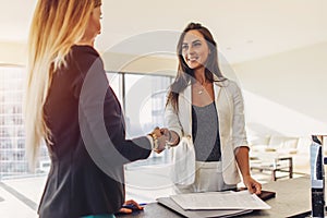 Female customer shaking hands with real estate agent agreeing to sign a contract standing in new modern studio apartment