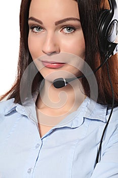 Female customer support operator with headset and smiling