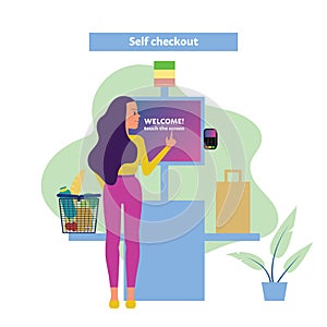 Female customer uses self checkout counter in supermarket, self service lane in grocery store. Flat style stock vector