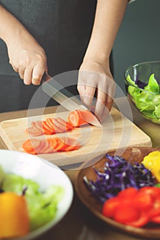 Female cutting carrot or vegetables. Cooking vegan food.