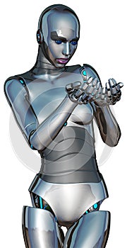 Female Cyborg Android Robot Holding Something Isolated