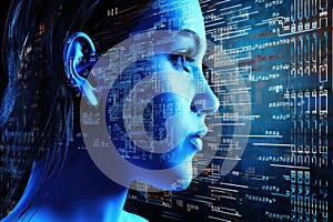 female cyborg face with binary code background.