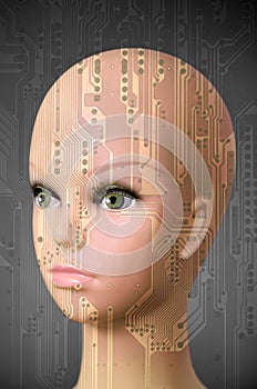 Female cyborg head on dark gray background