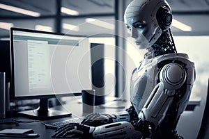 Female cyborg robot working on computer