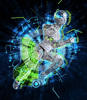 Female cyborg on techno background 3d illustration