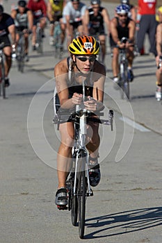 Female Cyclist Leading the Pack