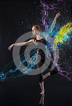 Female Dancer Being Splashed with Colorful Water