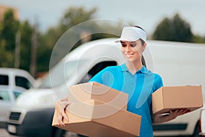 Female Delivery Worker Holding Cardboard Box Package