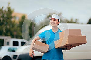 Female Delivery Worker Holding Cardboard Box Package