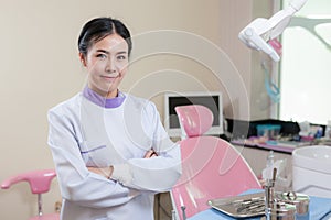 Female dentist crossing armin dental clinic photo