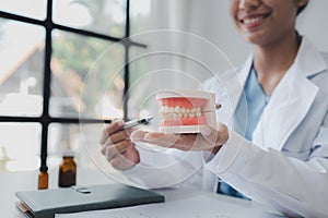 Female dentist with dentures for explaining teeth, recommending orthodontic guidelines