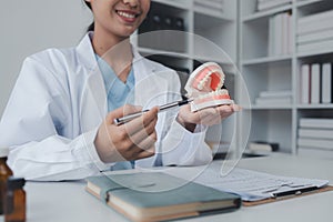 Female dentist with dentures for explaining teeth, recommending orthodontic guidelines