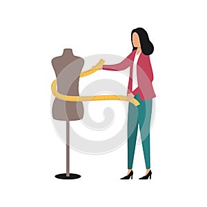 A female designer with a centimeter measures the size of a mannequin for sewing clothes. Individual tailor, fashion designer, seam