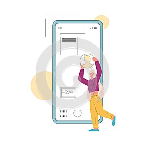 Female developer making mobile app web design. UX design process, flat outline vector illustration. UI business concept.