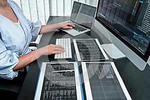Female Developer programmer working on coding program software computer, Writing website and development database technology in