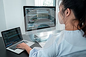 Female Developer programmer working on coding program software computer, Writing website and development database technology in