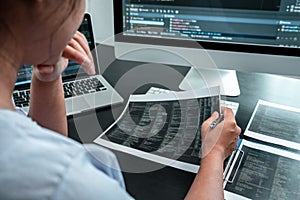 Female Developer programmer working on coding program software computer, Writing website and development database technology in