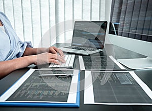 Female Developer programmer working on coding program software computer, Writing website and development database technology in