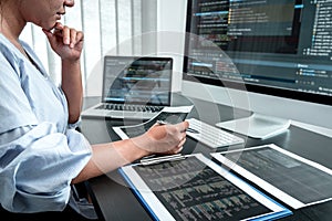Žena vývojka programátor pracovné na kódovanie softvér počítač webové stránky a rozvoj databázy v 