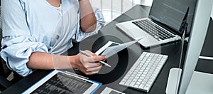 Female Developer programmer working on coding program software computer, Writing website and development database technology in