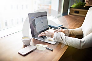 Female digital investment manager keyboarding on netbook gadget, sitting at workplace