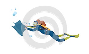 Female diver flat vector illustration. Woman swimming with stingray, exploring underwater world with mask and aqualung photo