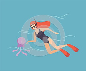 Female Diver with Scuba and Flippers Diving in Sea, Girl Doing Sports and Relaxing at Summer Vacation Vector