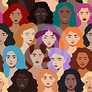 Female diverse faces of different ethnicity seamless pattern. equality concept, international womens, activism, feminism