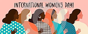 Female diverse faces of different ethnicity. Women empowerment movement pattern. International womens day graphic in vector