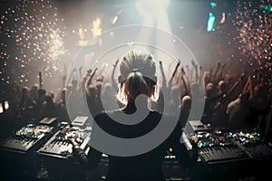 Female Dj in a nightclub scene with lights and lasers. Night scene of electronic music over the audience and crowd