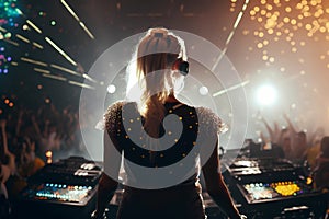 Female Dj in a nightclub scene with lights and lasers. Night scene of electronic music over the audience and crowd