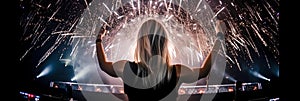 Female Dj in a nightclub scene with lights and lasers. Night scene of electronic music over the audience and crowd