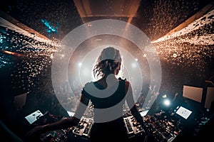 Female Dj in a nightclub scene with lights and lasers. Night scene of electronic music over the audience and crowd