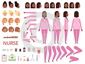 Female doctor animation. Nurse hospital character body parts and clothes healthcare mascot creation kit vector