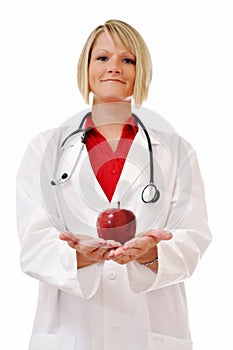 Female Doctor with Apple and Stethoscope Isolated