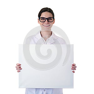 Female doctor assistant scientist in white coat over isolated background