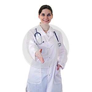 Female doctor assistant scientist in white coat over isolated background