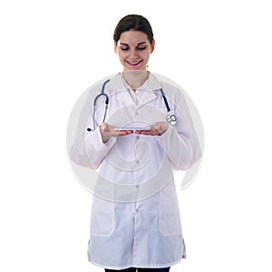 Female doctor assistant scientist in white coat over isolated background