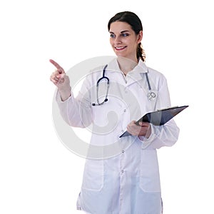Female doctor assistant scientist in white coat over isolated background
