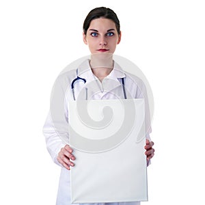 Female doctor assistant scientist in white coat over isolated background