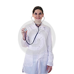 Female doctor assistant scientist in white coat over isolated background