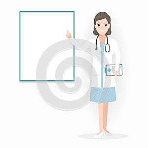 Female Doctor with billboard and medical presentation icon