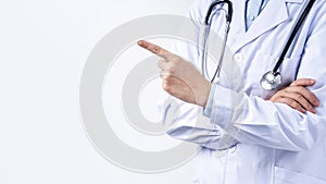 Female doctor body part with hand gesture, young woman physician with stethoscope isolated on white background, close up, cropped