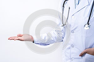 Female doctor body part with hand gesture, young woman physician with stethoscope isolated on white background, close up, cropped