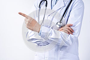 Female doctor body part with hand gesture, young woman physician with stethoscope  on white background, close up, cropped
